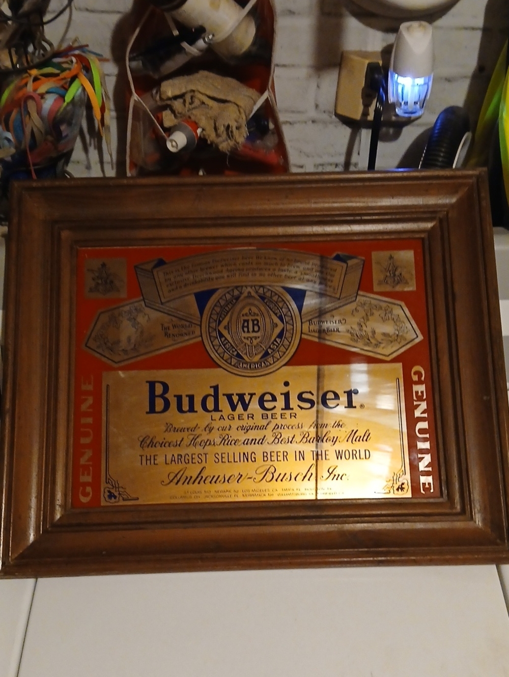 Vtg Anheuser Busch Budweiser Red & Gold Framed Wall Sign Mirror Mancave Bar Pool